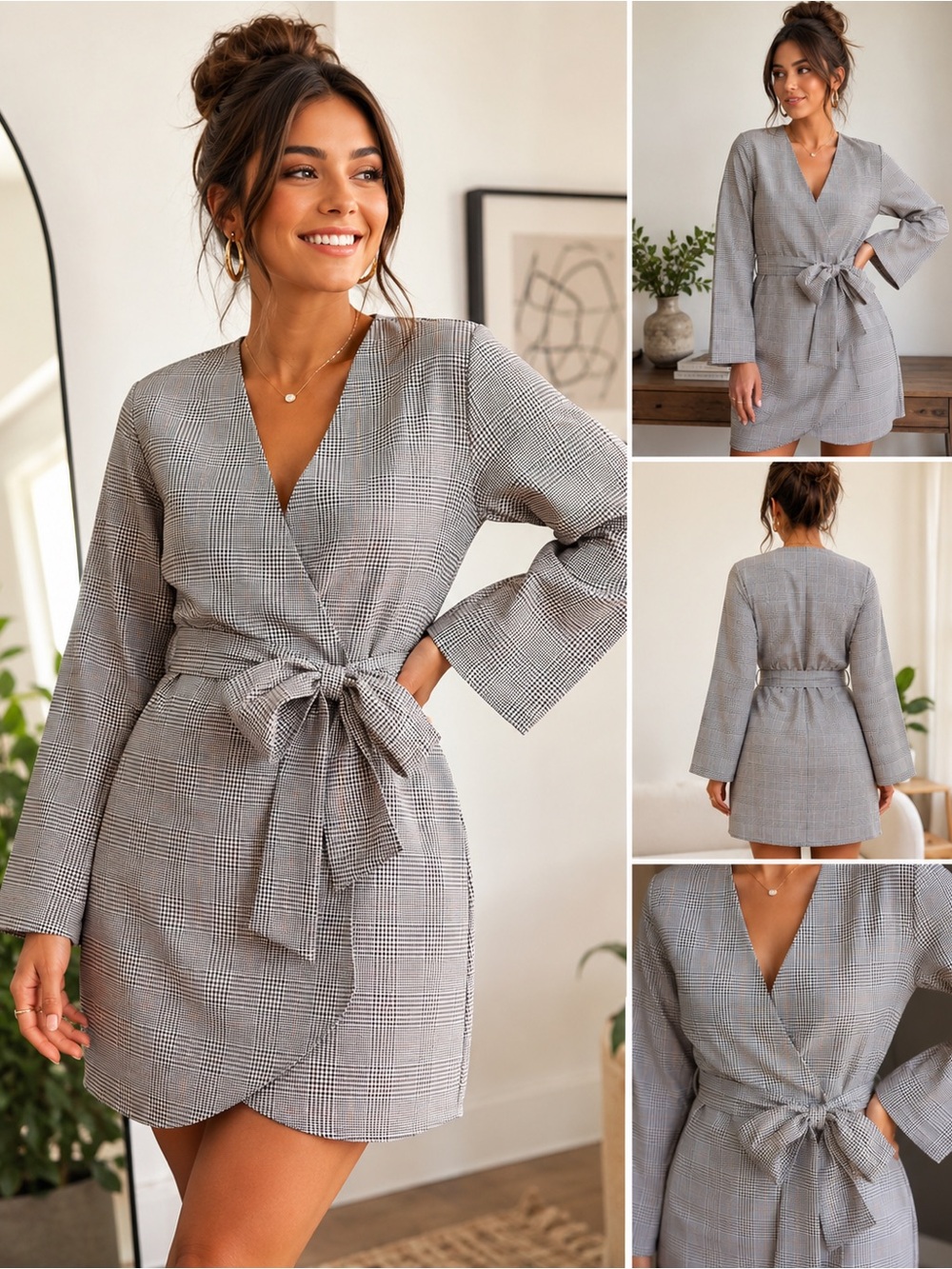 Topshop Gray/burgandy Plaid Wrap Midi Dress
